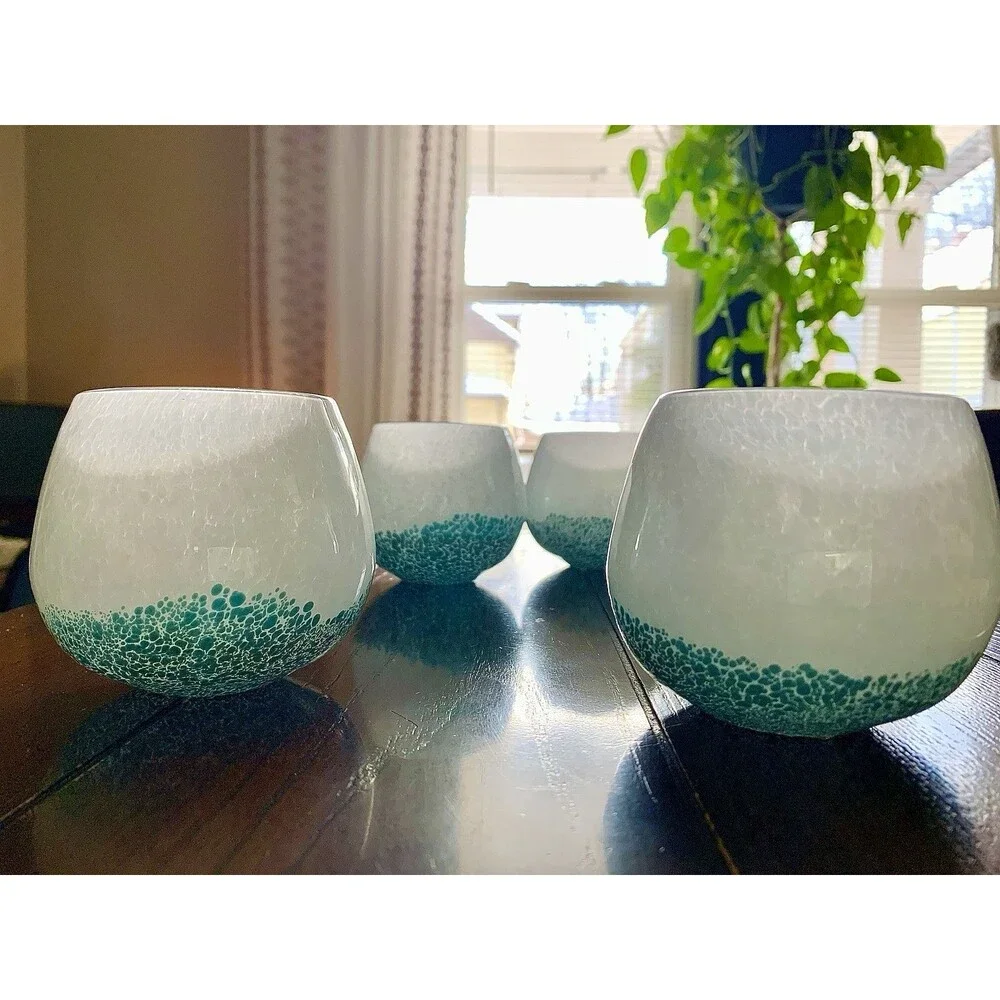 4 West Elm Mexican Glass Votive Candle Holders Recycled Confetti Frit Coastal